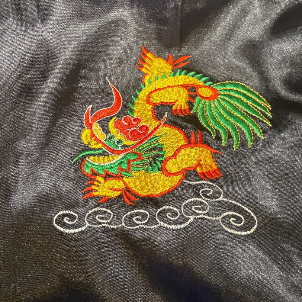 Vintage Lanna Pine Thai Silk Robe Kimono Embroidered Dragon Blue Colorful Sz XXL